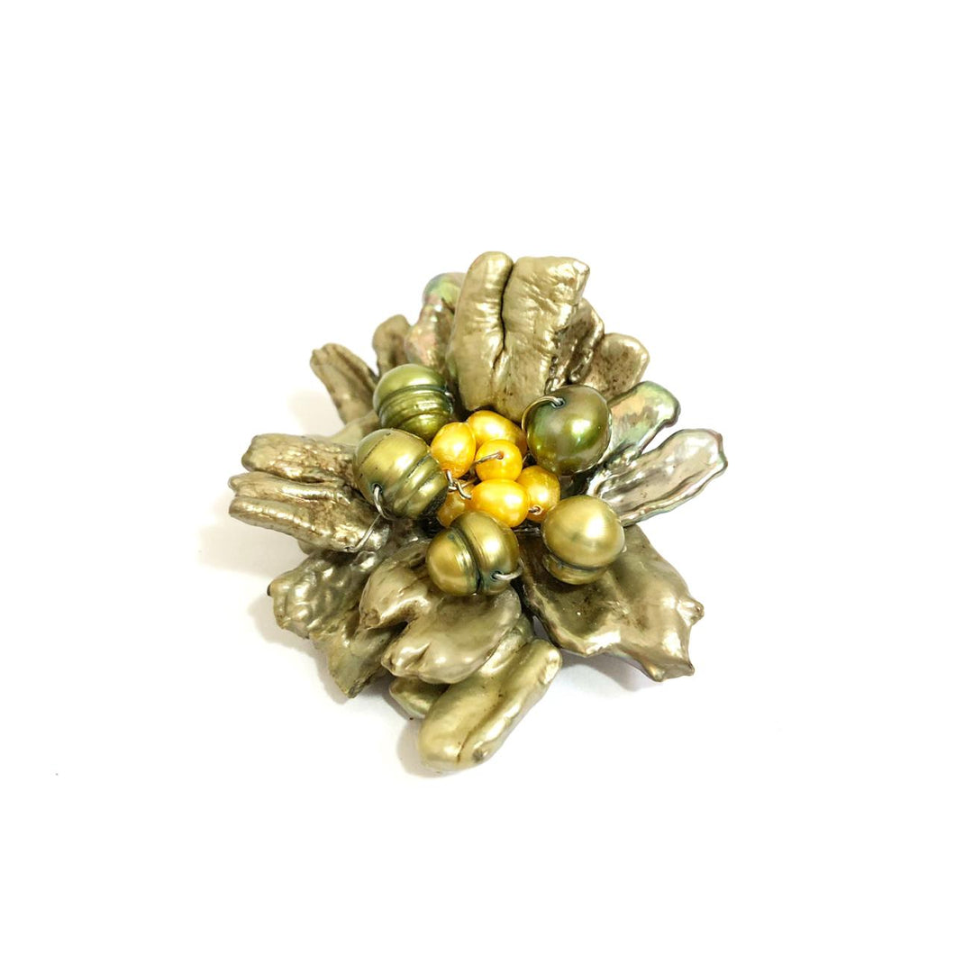 Green & Yellow Pearl Flower Brooch
